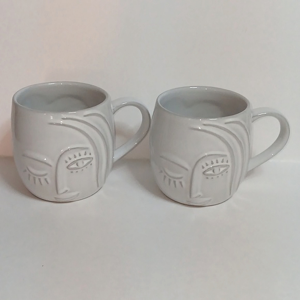 Starbucks White Ceramic Face Relief Mugs Set of 2